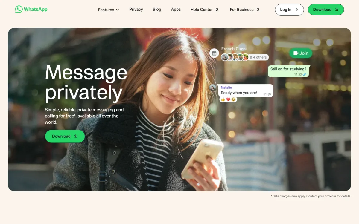 WhatsApp homepage in October 2026 with the headline "Message privately", promising simple, reliable private messaging and calling for free