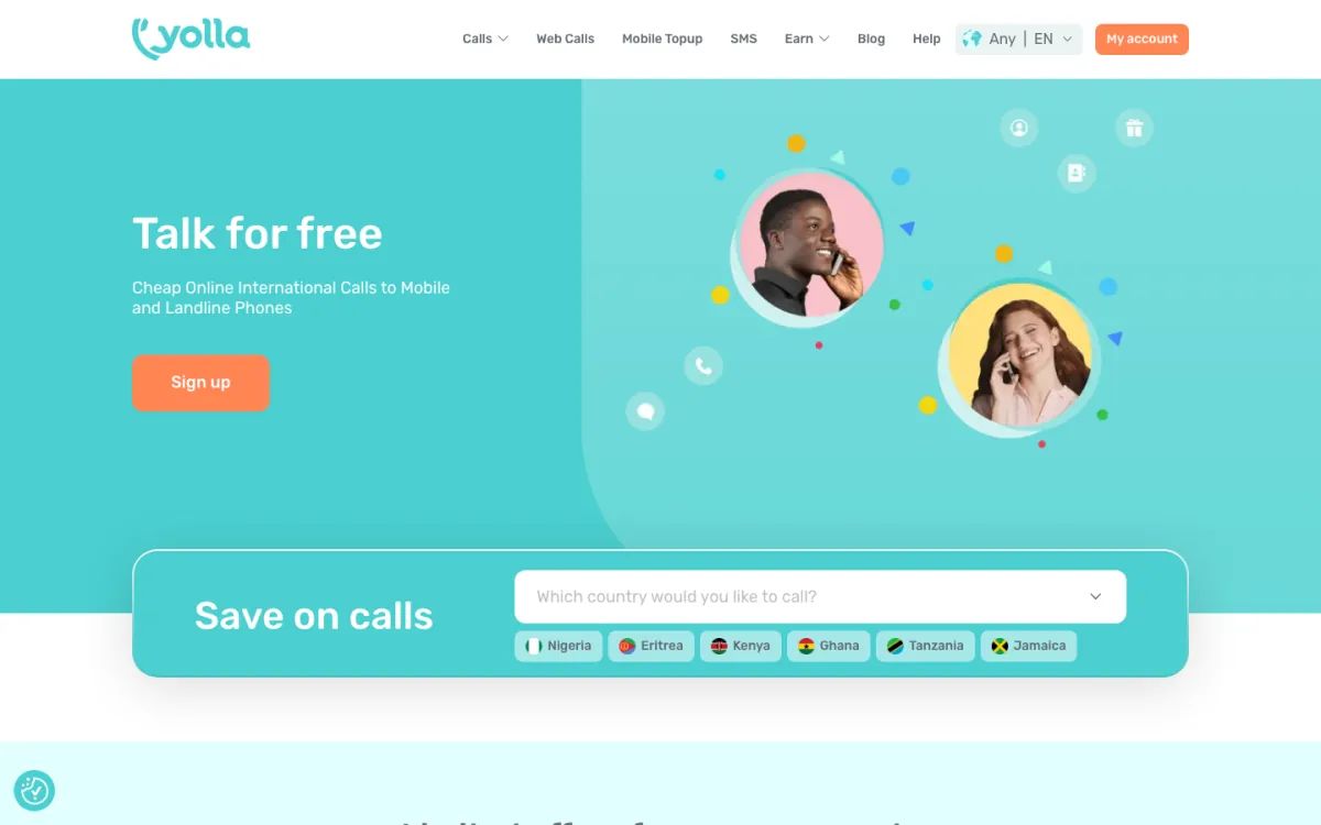 Yolla homepage in October 2026: "Talk for free" headline offering cheap online international calls to mobile and landline phones